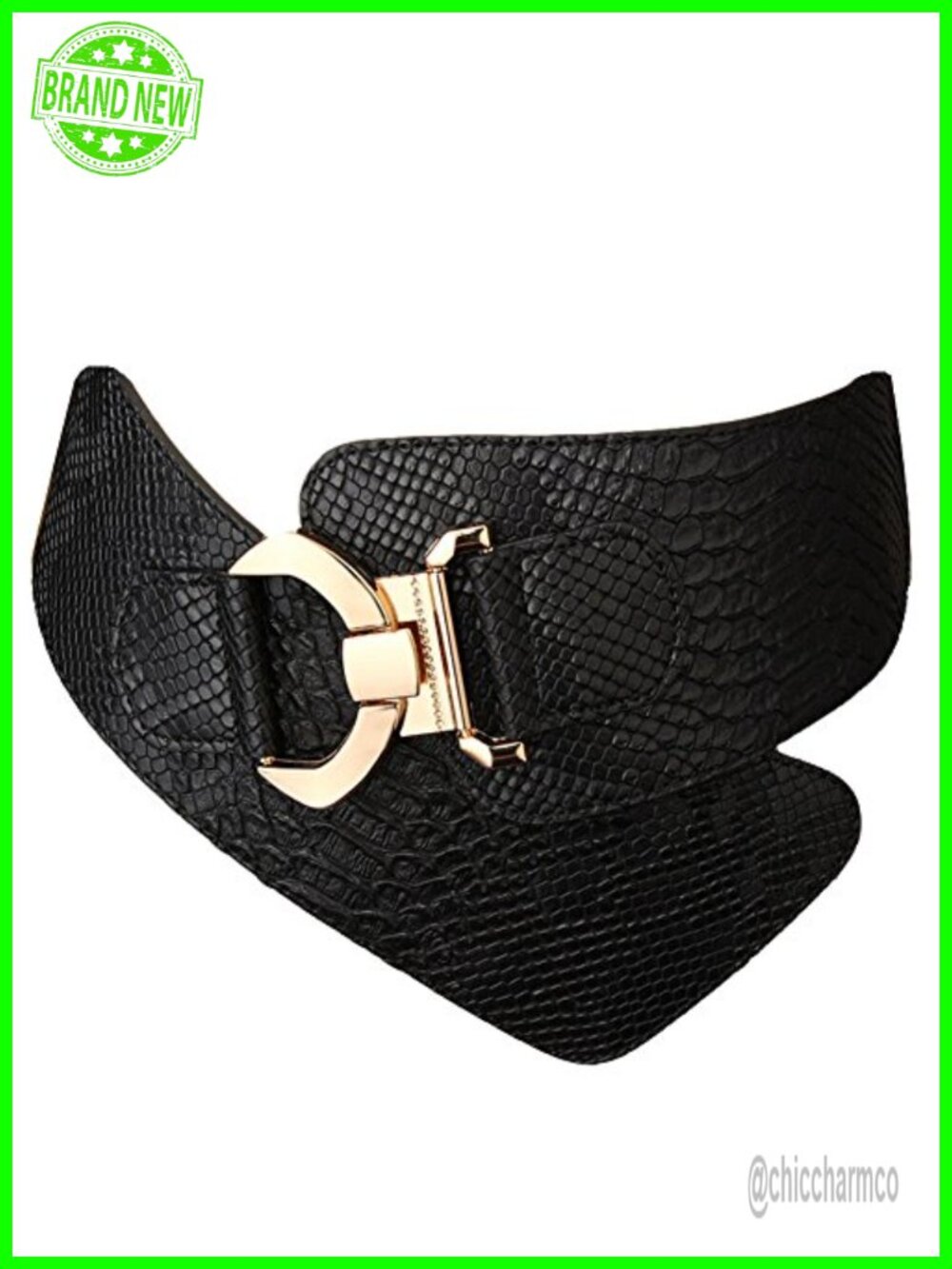 Wide Elastic Stretch Waist Belt Gold Interlock Buckle Snake Grain Leather